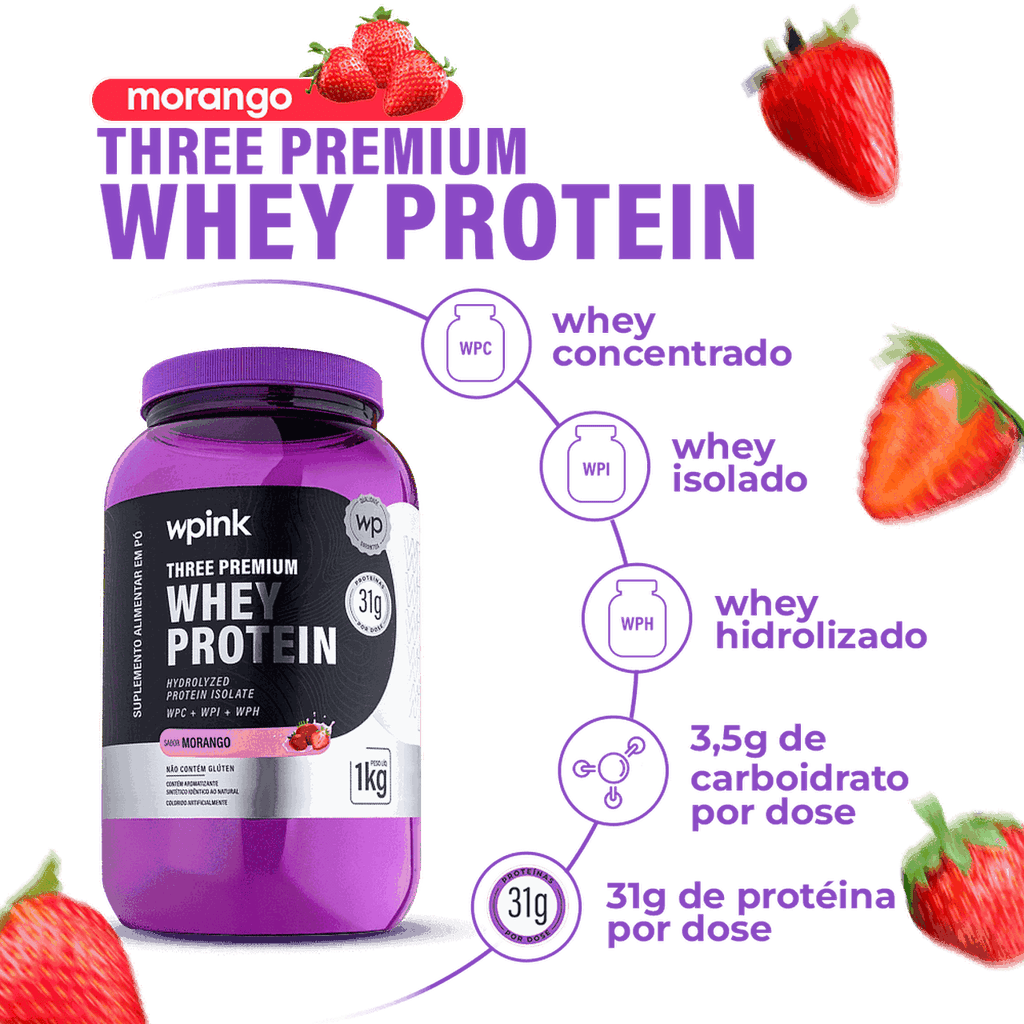 Three Premium Whey Protein Morango 3W (1kg)
