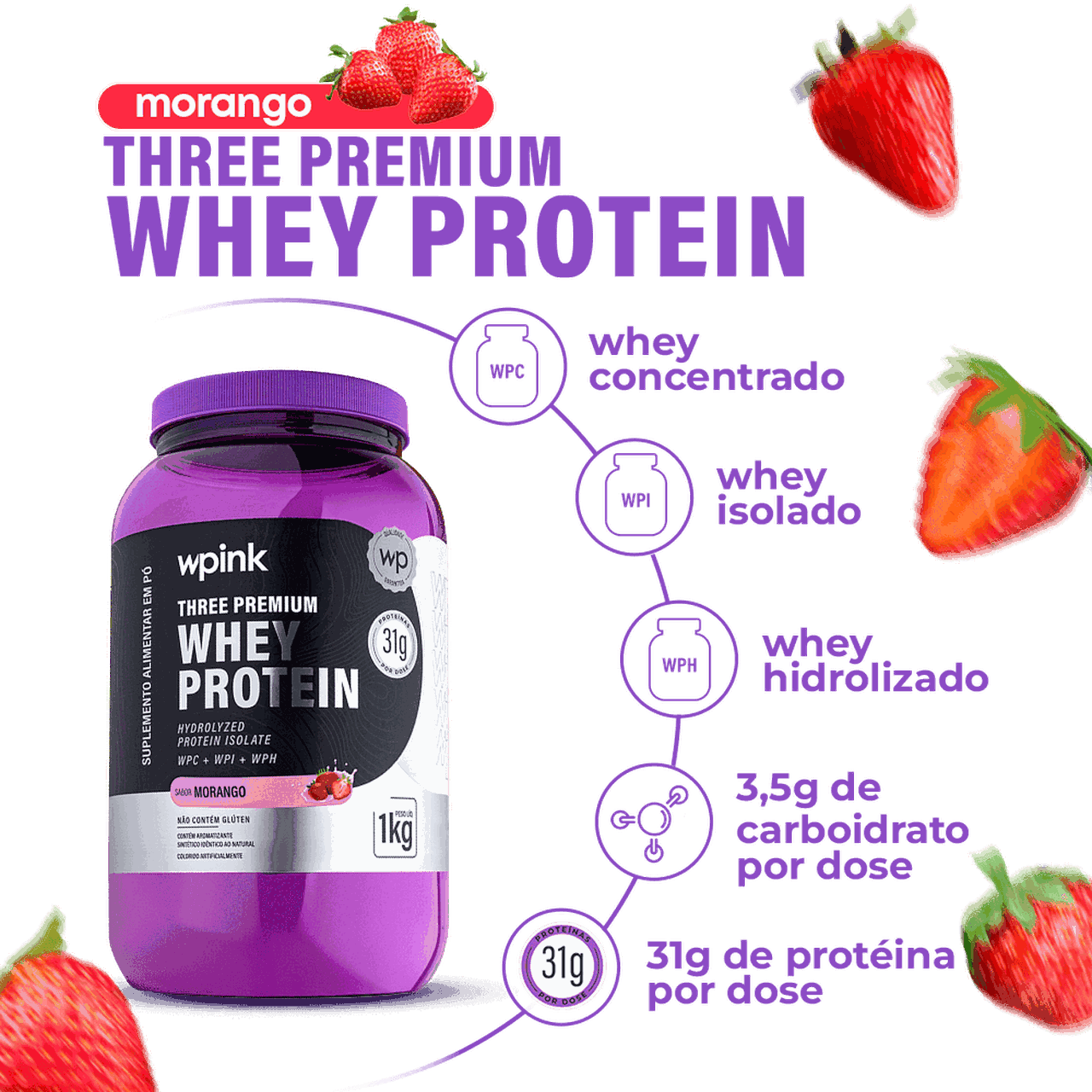 Three Premium Whey Protein Morango 3W (1kg)