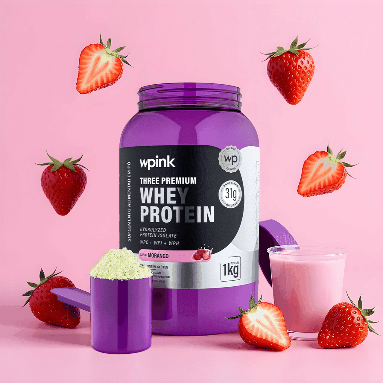 Three Premium Whey Protein Morango 3W (1kg)